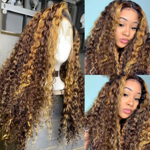 Exotic Curly Honey Highlights Frontal Wig